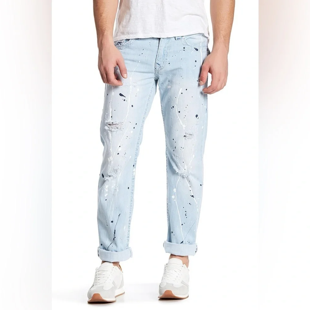 True Religion Light Blue Paint Splatter Acid Wash Straight Leg Jeans 34” x 32”